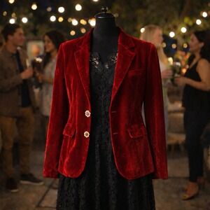 ❤️✨NY Collection Red Velvet Blazer Women's M Jewel Button Y2K Glam Chic Elegant